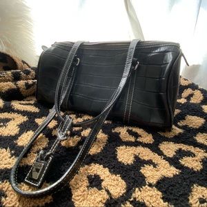 Vintage Dooney & Bourke Black Leather Croc Barrel Bag